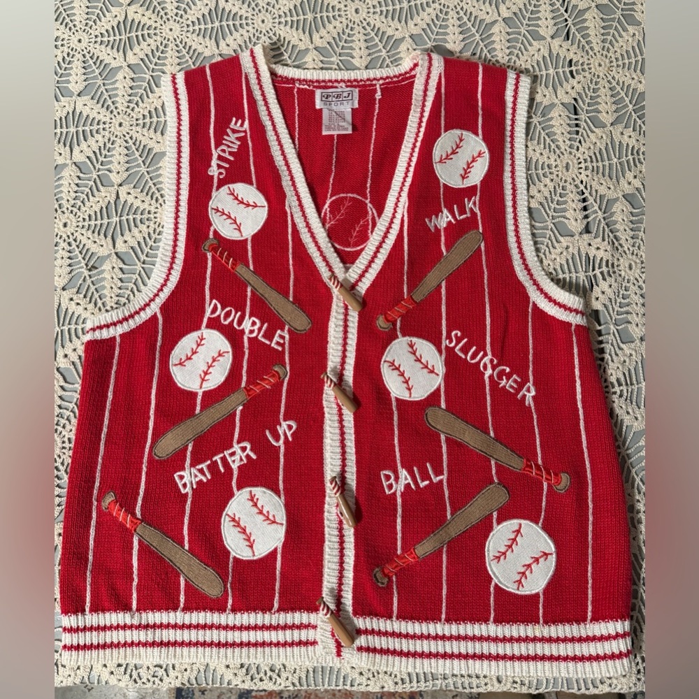 Vtg Red Baseball grandma core sweater vest size L